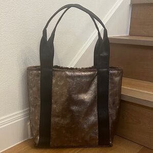 Shimmery Brown Faux Fur Tote with Black Shoulder Straps